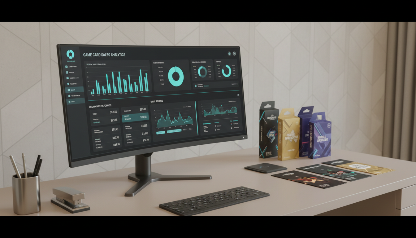 An ultra-modern, organized workspace setup featuring a sleek desktop computer monitor displaying analytics and sales metrics for game card purchases. Beside the monitor, branded card envelopes and packaging lay fanned out on a pristine taupe desk. The workspace is accented by brushed metal desk accessories and a faintly patterned, neutral wall backdrop. Soft, even office lighting ensures a consistent, shadow-free look, making every detail crisp. The photograph is shot from a slight side angle with orderly composition and clean lines, presenting an atmosphere of efficiency, transparency, and corporate professionalism emblematic of a leading digital game recharge platform.