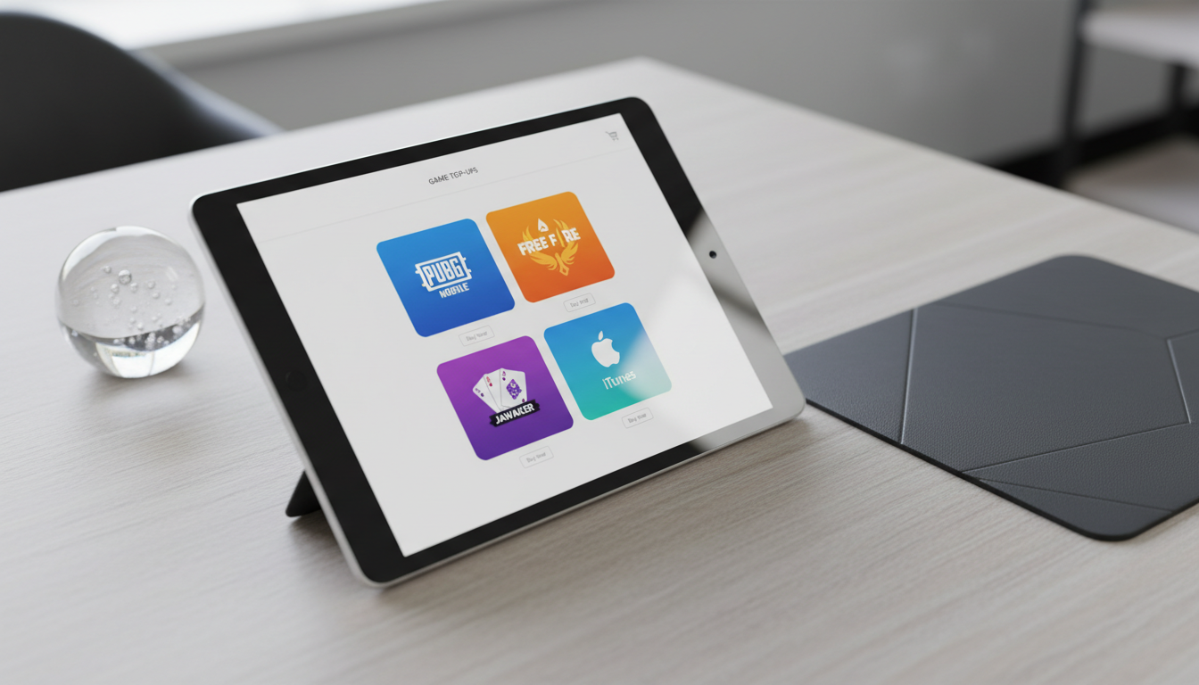 A close-up of a digital tablet displaying an uncluttered e-commerce platform interface for purchasing game recharge cards, featuring a selection grid with PUBG, Free Fire, Jawaker, and iTunes virtual cards. The tablet, encased in a sleek silver frame, is positioned atop a light-colored, textured office table beside a sophisticated mouse pad and a glass paperweight. Soft, indirect ambient lighting bathes the workspace, creating refined reflections on the tablet screen while maintaining neutral tones overall. Photographed from a slightly elevated angle with rule of thirds composition, the image exudes clarity, efficiency, and a clean modern corporate style, highlighting the site's seamless digital purchasing experience.